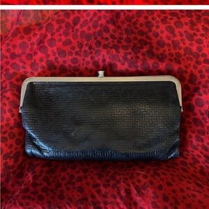 BLACK LEATHER SELF EMBOSSED WALLET/CLUTCH.